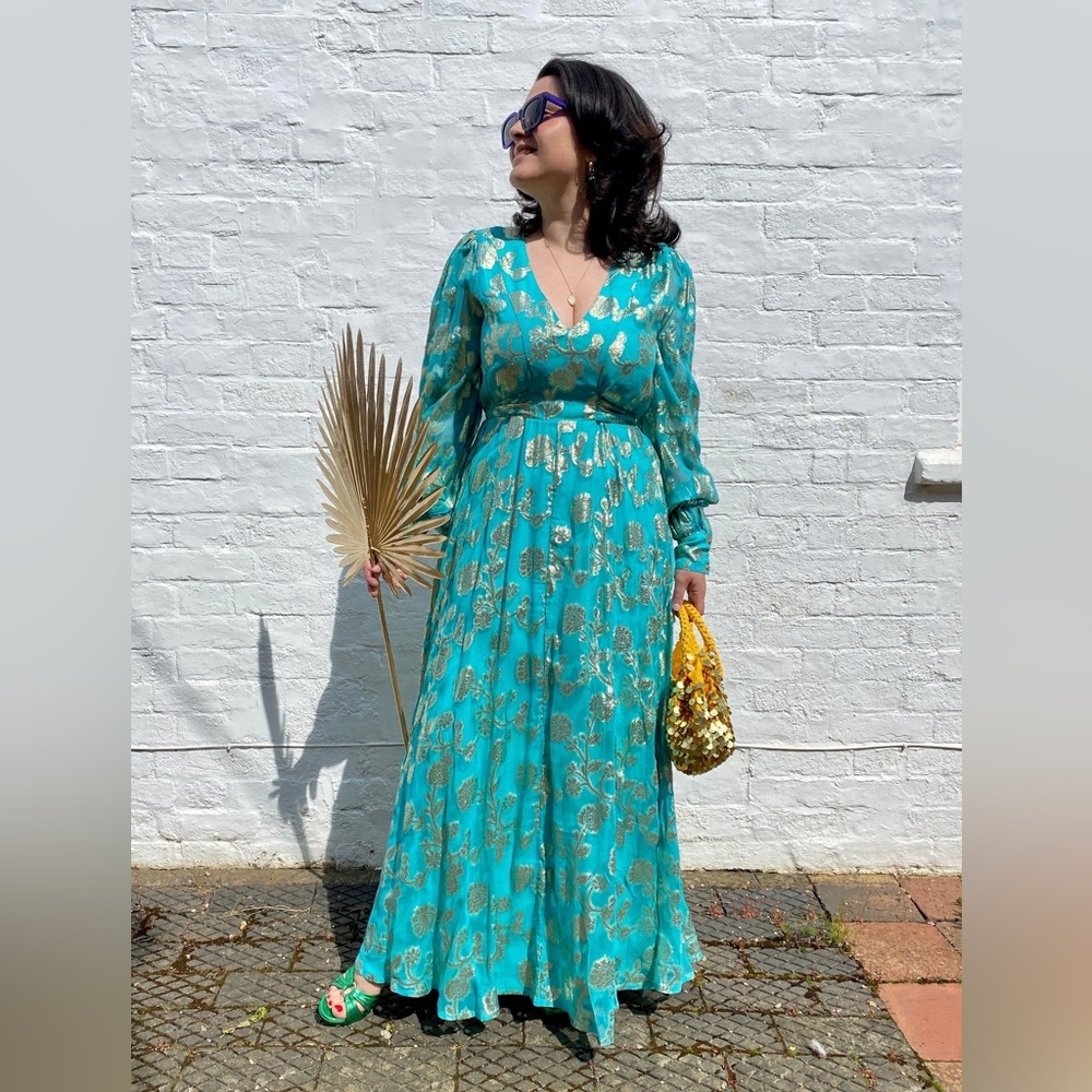Elegant Teal and Gold Women's Dress